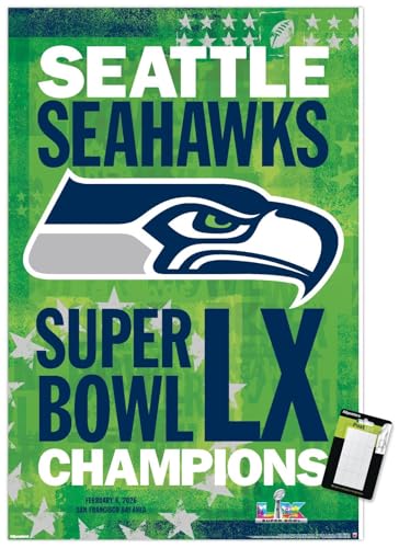 Trends International NFL Seattle Seahawks - Super Bowl LX Championship Team Logo Wall Poster, 34L x 22.4W, Premium Poster & Mount Bundle