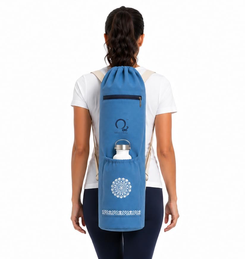 Image of O2 Yoga Mat Bag | Cotton Yoga Mat Carry Bag with Adjustable Double Straps | Yoga Mat Cover Bag for Women & Men | Fits 2mm-10mm Mats (Ocean Blue Mandala Block Print)