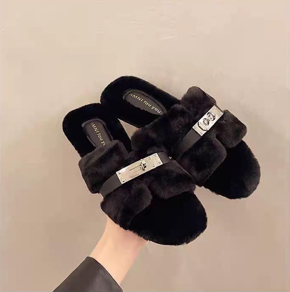 Axellion Womens Fuzzy Slides Open Toe Fluffy House Slippers Indoor Outdoor Furry Slide Sandals - Image 5