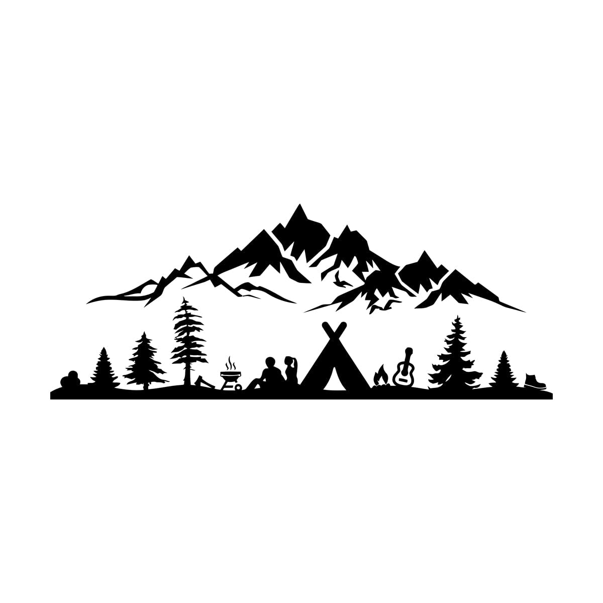 Family Camping Mountains Silhouette Guitar Wall Decals 33x82.5cm Art Mural Painting Large Black — image 1