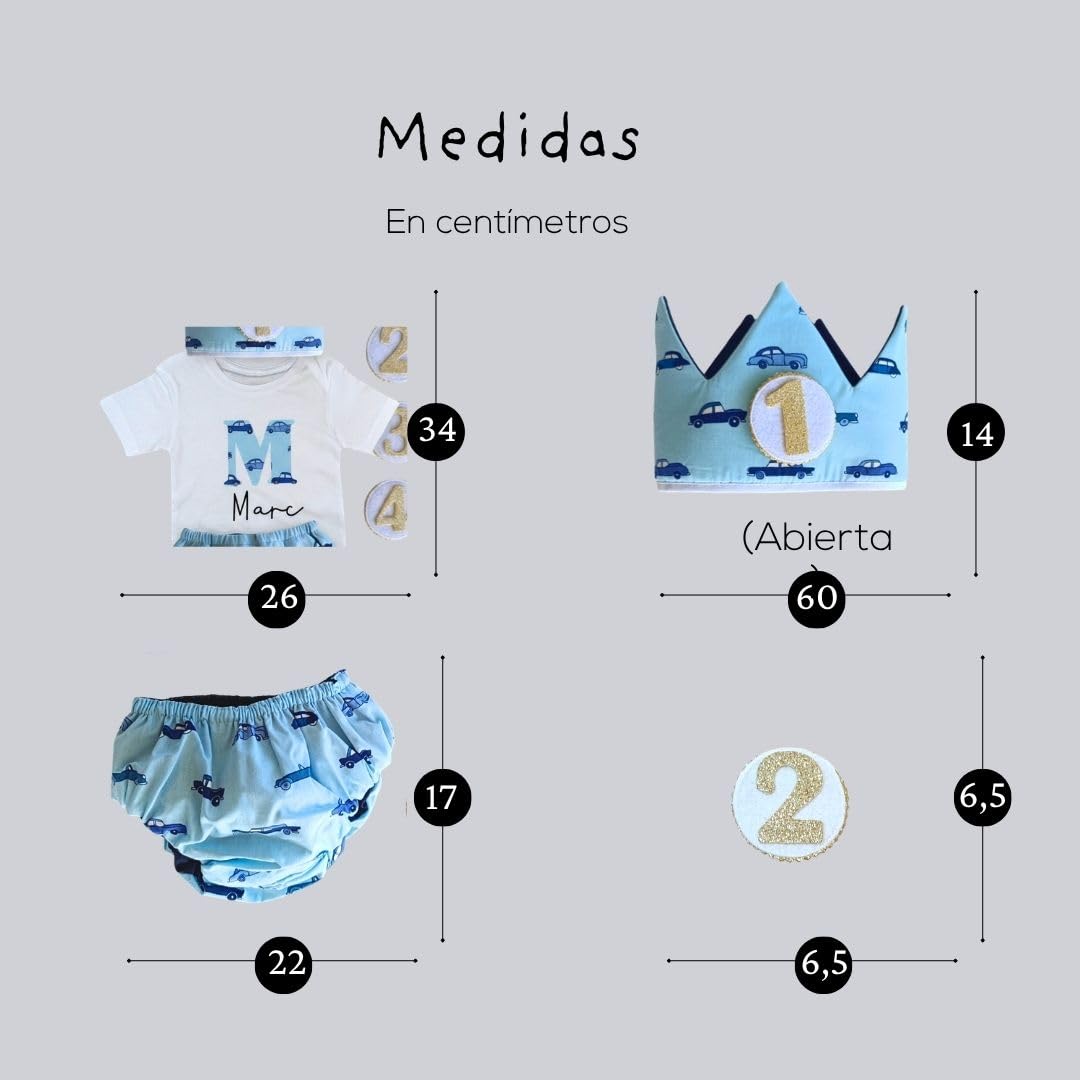 Conjunto Cumpleaños 1 año Personalizado - Camiseta con nombre Bebé - Regalo primer cumpleaños - Smash Cake - Corona cumpleaños (Coches)