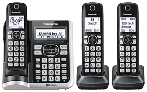 Panasonic Link2Cell Bluetooth Cordless Phone System With Voice Assistant, Call Blocking And Answering Machine. Dect 6.0 Expandable Cordless System - 3 Handsets - Kx-Tgf573S (Black/Silver Trim) #TOP1