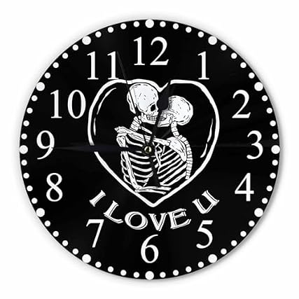 KEEPSUPER Skull Kiss Wall Clock 10 Inch Battery Operated I Love U Clock Silent Non Ticking Modern