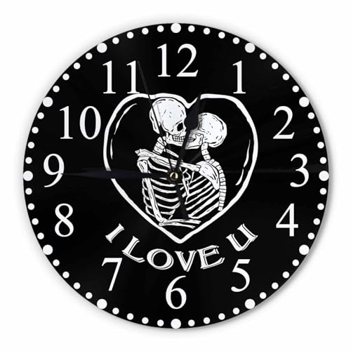 KEEPSUPER Skull Kiss Wall Clock 10 Inch Battery Operated I Love U Clock Silent Non Ticking Modern