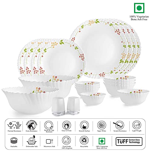 Image of CELLO Secret Garden Dazzle Series Opalware Dinner Set of 20 Pieces for Family of 4 | Bone-Ash Free & Leadfree Opal Glass, Microwave & Dishwasher Safe, Plates & Bowls Crockery Set for Dining & Gifting
