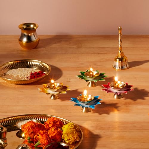 Image of Amazon Brand - Solimo Brass /Iron Jyot with Leaves | Multicolored (Set of 4)