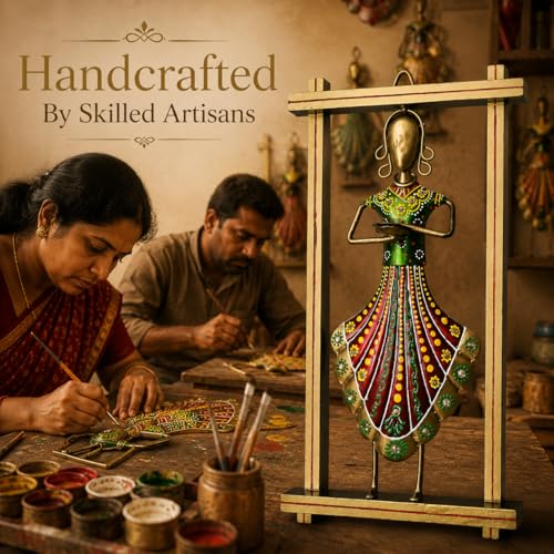 Image of iHandikart Metal Wall Art for Home Decor | Traditional Rajasthani Lady with Diya Wall Hanging | Hand-Painted Iron Wall Sculpture with Stone Work | Wall Decor for Living Room & Bedroom | 13 x 7 Inch