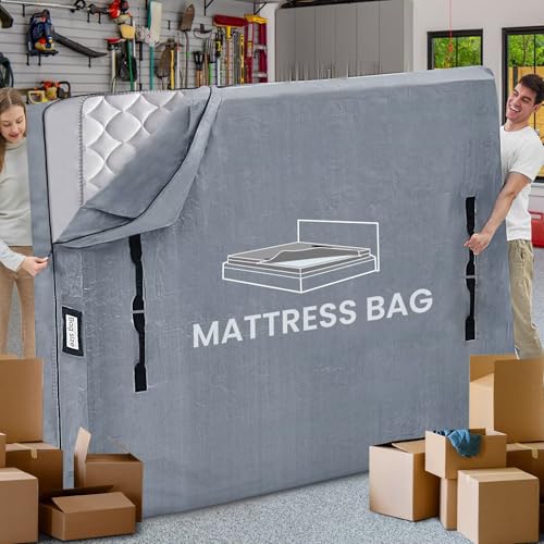 Mattress Bags for Moving and Storage, BETU Waterproof Mattress Protector Full XL Mattress Cover with 8 Heavy Duty Handles and Zipper Extra Thick Moving Supplies for Bed Reusable (82x57x13.5 Grey)