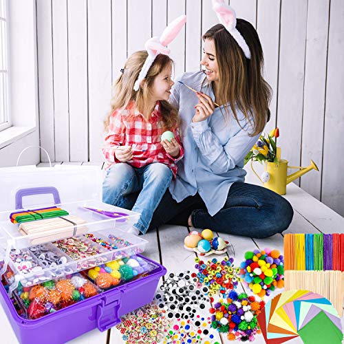 LINAYE DIY Bastelbedarf für Kinder 3500+Pcs Bastelset in Faltbare Aufbewahrungsbox Gehören Bastelpapier Federn Pfeifenreiniger Pompons Basteln Geschenk für Geburtstag,Weihnachten,Kindertag(Lila)