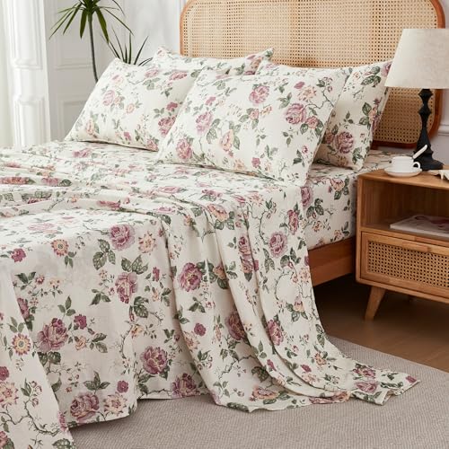 Image of FADFAY Muslin Floral Sheets Set King - Double Gauze 100% Cotton Bed Sheets, Ultra Soft Breathable Botanical Print Bedding, Deep Pocket Fitted Sheet, All Season Lightweight Cozy Sheets, 4 Pieces