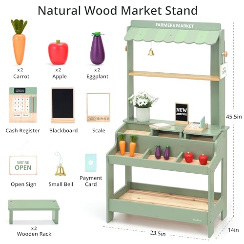 PairPear Wooden Mud Grocery Stand, 2-in-1 Outdoor Market Stand & Mud Kitchen for Kids Outdoor, Montessori Pretend Play Toy with 14 Accessories, Cash Register & Play Food, Ages 3+ in Green by PairPear - Image 3