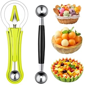 Patelai 2 Pieces Melon Baller Scoop Set, 4 in 1 Fruit Cutters Stainless Steel Watermelon Scooper and Ice Cream Baller for Dig Pulp Separator Fruit Slicer