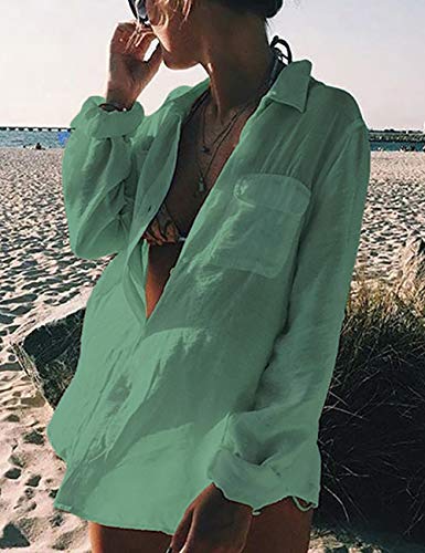 Image of Bsubseach Women Long Sleeve Beach Shirt Blouses Bathing Suit Cover Up Button Down Collar