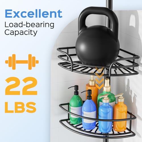 HAMITOR Corner Shower Caddy Tension Pole: 4-Tier Large Capacity Bathroom Organizer Shelf with Towel Bar - Rustproof No-Drill Adjustable 47-123 inch Storage for Renters, Home Bathtub Stand Rack, Black by HAMITOR - Image 3