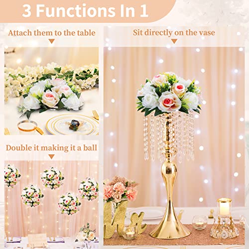 Image of NUPTIO Pcs of 10 Fake Flower Ball Arrangement Bouquet,15 Heads Plastic Roses with Base, Suitable for Our Store's Wedding Centerpiece Flower Balls for Centerpieces Home Decor (Pink Champagne & White)