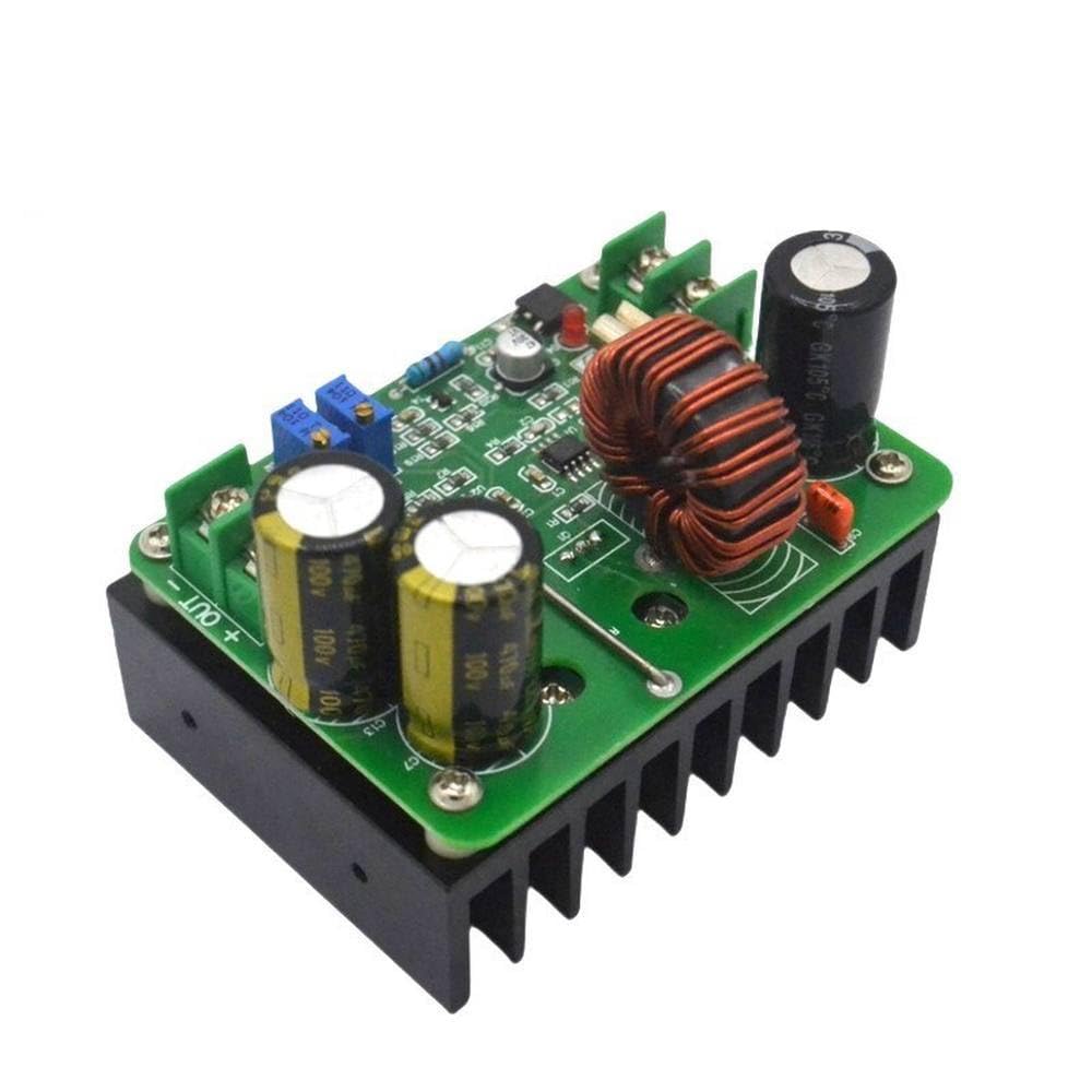 مٿي کان هيٺ view of the boost converter module, clearly showing the 'IN+' and 'IN-' input terminals on one side and 'OUT+' and 'OUT-' output terminals on the other. The large inductor and capacitors are also visible.