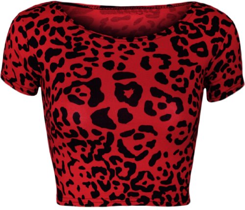 Image of Womens Animal Aztec Skull Camo Print Cap Sleeve Ladies Short Crop Top - Red Leopard - 8-10