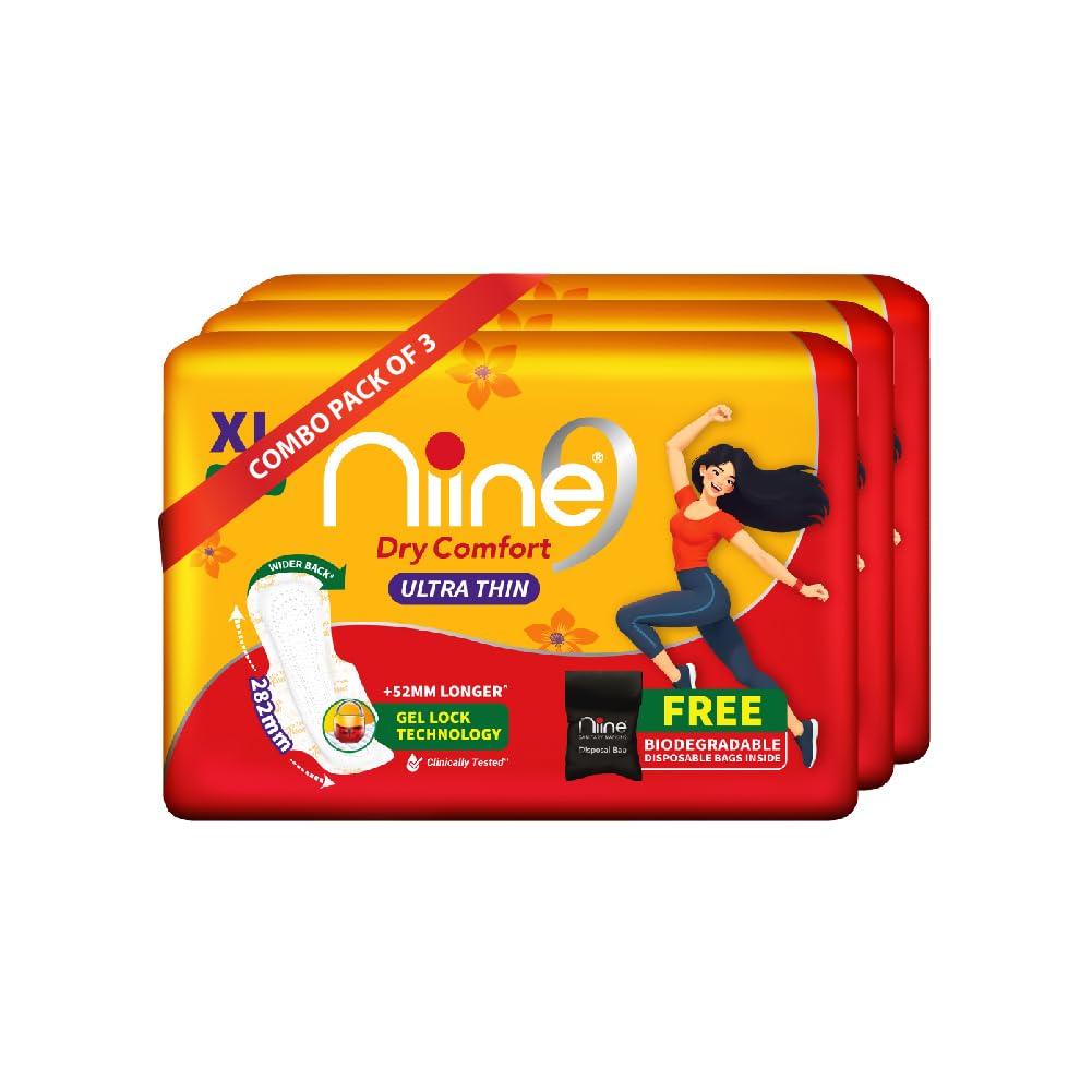 Niine Dry Comfort Ultra Thin XL Sanitary Pads for women (Pack of 3) 120 Pads with Fluid Lock Gel Technology