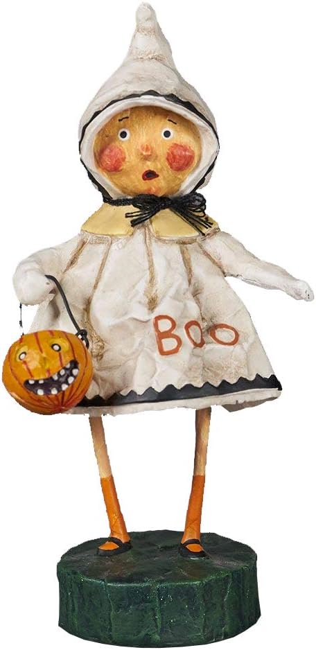 Small Little Boo Halloween Figurine by Lori Mitchell – 7" Hand-Painted Poly Resin Ghost with Jack-O-Lantern Bucket – Whimsical Vintage-Inspired Decor