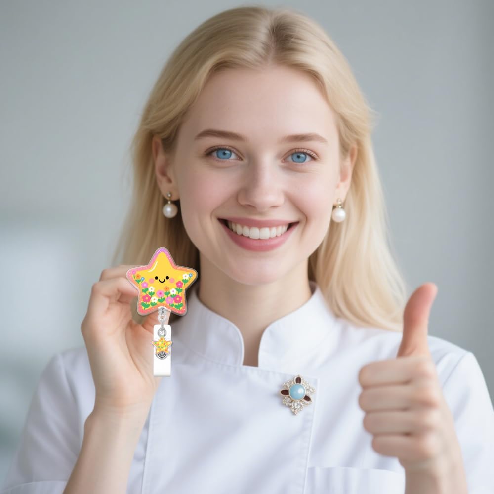 Cute Flower Star Badge Reel for ID Card, Cute Retractable Nurse Flower Star Alligator Clip Badge Reel for Women, ID Name Tag Badge Holder for Office School Hospital Nurses Doctors Teachers - Image 6