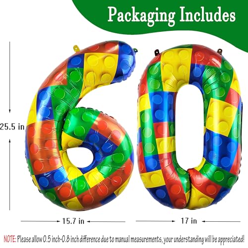 Image of 32 Inch Building Block Number 60 Balloons birthday Block Themed Large Big Helium Foil Mylar Balloon for Girls Boys Birthday Party Decoration Supplies