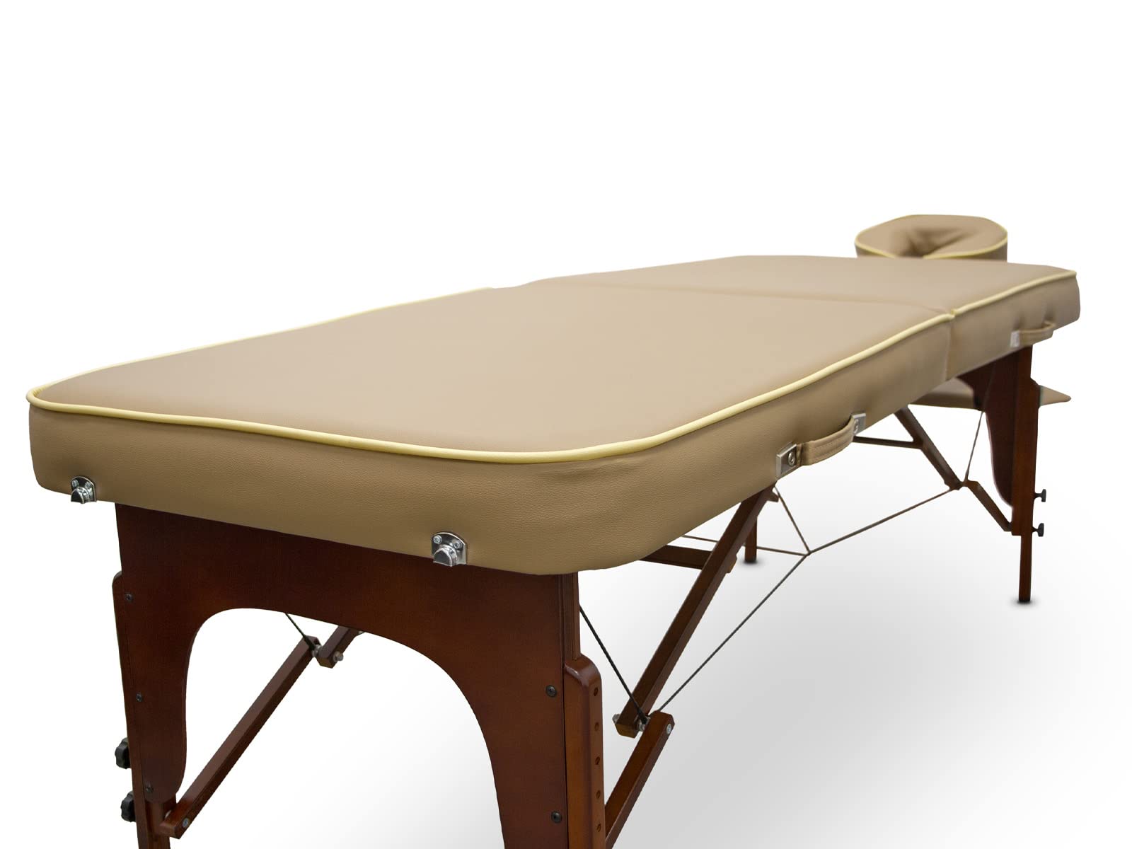 QUIRUMED Lettino da massaggio per SPA, portatile, in legno, colore beige, legno verniciato, similpelle, imbottitura ad alta densità, altezza regolabile, pieghevole, testa rimovibile, fino a 210 kg