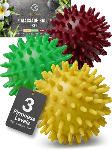 HELDSON 3 Spiky Massage Balls Set [Soft Medium Hard] - Foot Roller Massager Spikes - Spike Trigger Point Ball for Back Pain Relief & Feet - Plantar Fasciitis Deep Tissue Therapy - Spikey Pressure