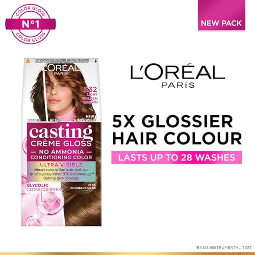 Image of L'Oreal Paris Casting Creme Gloss Hair Color With Glycolic Gloss Complex | 5X Glossier Hair Color | Ultra Visible Shade 632 - Light Golden Brown | 60g + 40ml + 60g