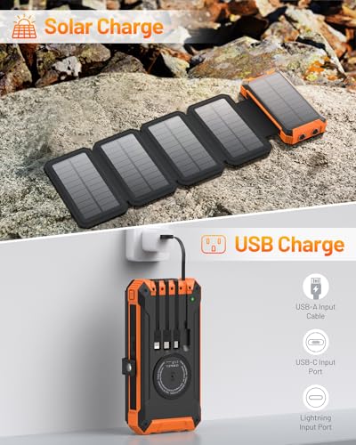 GOODaaa Power Bank Wireless Charger 36800mAh Solar Charger with Five Solar Panels Built-in Four Cable Five Outputs Portable Power Bank for Cell Phone with Dual Flashlights, Carabiner - Thumbnail 7