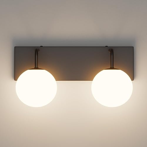 Miniatura 7 de Tipace Lámpara de tocador negra, 2 luces modernas sobre espejo con globo blanco leche blanca para baño (excluye bombilla)