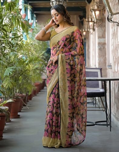 Image of SIRIL Women's Chiffon Printed Saree with Unstitched Blouse Piece