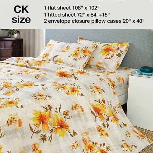 Image of JSD Rustic Yellow Floral Printed Sheet Set Cal King Deep Pocket | 4 Piece Soft Botanical Microfiber Sheets, OEKO-TEX Certified, Easy Care