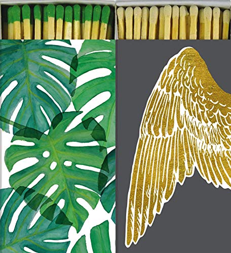 Decorative Matches Monstera Leaf and Gold Foil Wings Match Boxes with Long Kitchen Matches Great for Lighting Candles, Grills, Fireplaces and More | Set of 2 Large Match Boxes