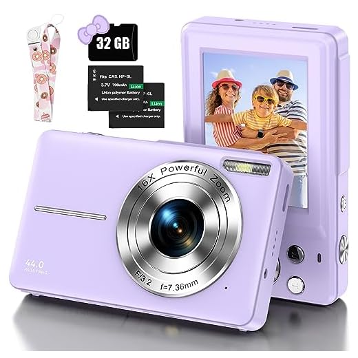 Cámara de Fotos con Tarjeta de Memoria Micro 32G, 1080P Cámara Digital 44MP Cámara Digital Compacta HD Camara Fotos Digital con Zoom Digital de 16x y 2 Pilas para Niños, Niñas y Principiantes-Morado