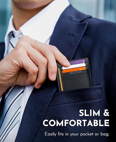 Buffway Slim Wallet for Men Women Minimalist Small Leather Front Pocket Wallets with RFID Blocking and Gifts Box - Bassa Black3