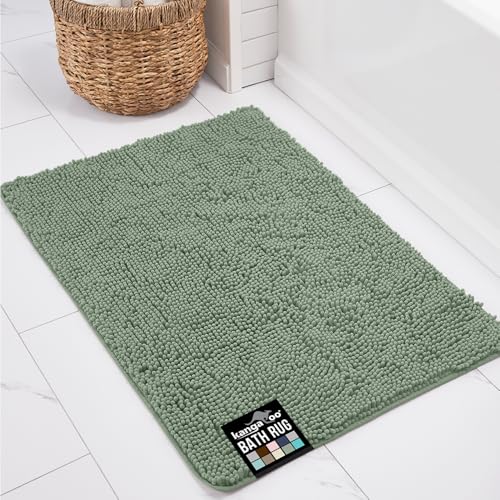 KANGAROO Bathroom Rugs, Chenille Soft Absorbent Bath Rug, Shaggy Shower Mat, Quick Dry Machine Wash Bathmat, Plush Carpet Mats for Tub, Bathtub and Room Home Decor Accessories, 42x24, Sage