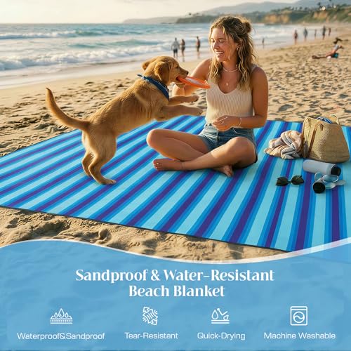 Beach Blanket Sandproof - Oversized Extra Large Waterproof Beach Mat for 3-4 People, Lightweight Sand Free Mat for Summer Vacation with 6 Stakes & 4 Corner Pockets for Beach, Camping 7x7ft Blue Stripe
