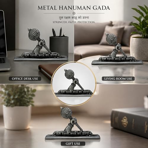 Image of Hanuman Gada Idol for Car Dashboard (Height - 5.5cm)| Bajrangbali /Anjaneya with inchTum Rakshak Kahu Ko Darna inch Quote | Gold Plated Vastu Protection Showpiece & Spiritual Gift (Antique Silv)