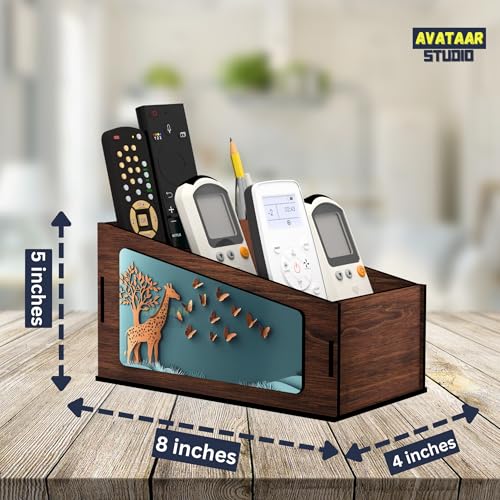 Image of Multipurpose Wooden Remote Stand Organizer with 3 Compartments, Premium Engineered Wood Desk Organizer for TV /AC Remotes, Stationery, Charger, Home & Office Use (Dark Walnut-2)
