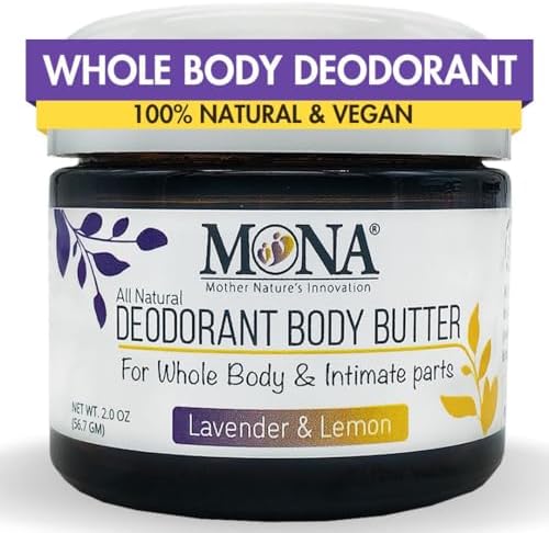 MONA All Natural Deodorant Body Butter for Whole Body & Intimate Parts | Deodorant Cream for Women, Men, and Teens | Sensitive Skin Friendly | Baking Soda & Aluminum Free | Lavender & Lemon 2 oz