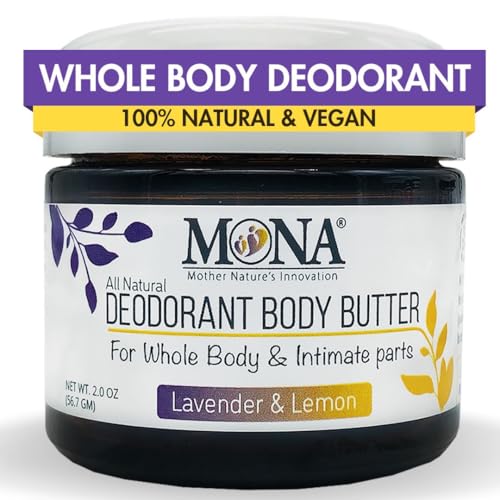 MONA All Natural Deodorant Body Butter for Whole Body & Intimate Parts | Deodorant Cream for Women, Men, and Teens | Sensitive Skin Friendly | Baking Soda & Aluminum Free | Lavender & Lemon 2 oz