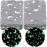 Chumia 2 Pieces Glow in The Dark Throw Blanket Flannel Fleece Soft Warm Comfortable Kid Throw Blanket for Boys Girls, 47 x 59 Inch(Moon, Star)