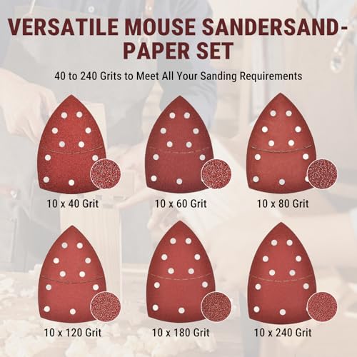 Miniatura 2 de Vobor 60 Piezas Lijas Para Lijadora Triangular, Grano 40 60 80 120 180 240, 105 X 152 Mm, 11 Agujeros, Triángulos De Molienda Papel De Lija Para Lijar Y Pulir