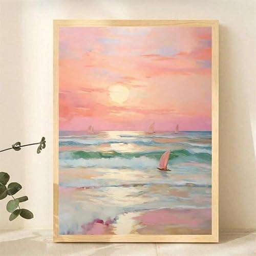 CHAOJIART Pink Sunset Poster Print, Beach Waves, Sailboat, Bedroom Wall Decor, Abstract Style Watercolor Landscape Art, Home Wall Decor(70x100cm/Frameless)