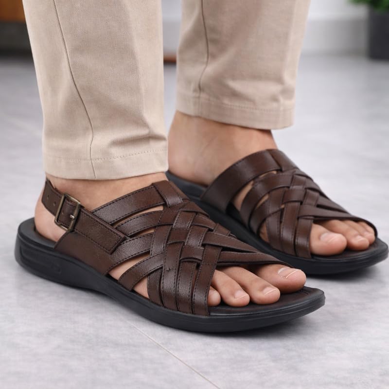Image of FAUSTO Mens Leather Woven Sandals | Adjustable Buckle Closure | Ethnic Comfort Footwear For Daily Use, Office & Outdoor Wear | All-Day Comfort With Soft Insole