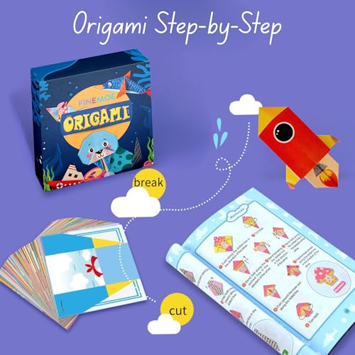 Image of FINEMOE 108 Origami Paper with Instruction Book for Kids, Craft Paper Sheets with 54 Design, 18x18 cm DIY Art Colour Paper for Craft Kit Set