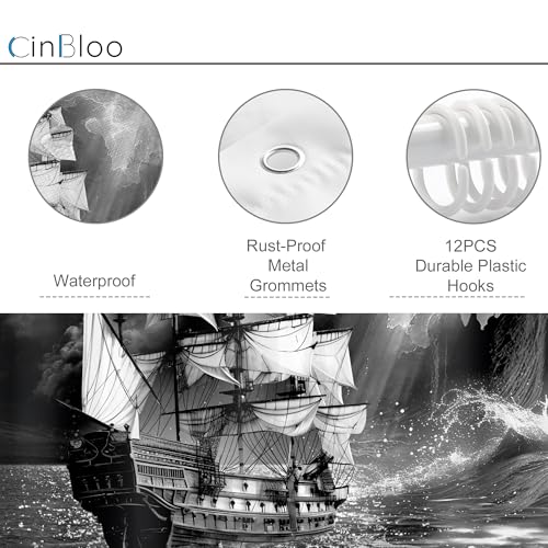 Cinbloo Black and White Beach Shower Curtain 60Wx72H Ocean Coastal Sailboat Bathroom Curtain Set Moon Clouds Nautical Bath Curtain Fantasy Starry Night Sky Bathroom Decor Cloth Fabric with 12 Hooks - Image 6