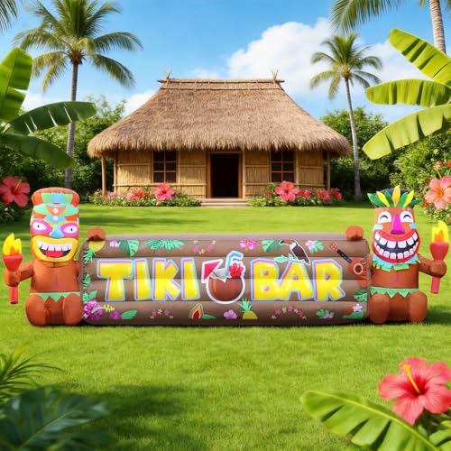 DomKom 7FT Tiki Luau Inflatables, Two Tiki Inflatables, Hawaiian Summer Tropical Beach Blow up Party Decor Party Giant Yard Decoration, Outdoor Built-in LED Lights Lawn Holiday Outside