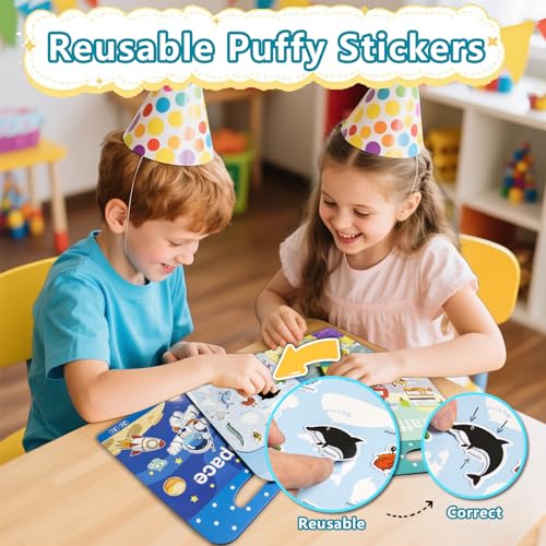Image of Reusable Sticker Books for Toddlers 1-3, Puffy Stickers Book for Kids Ages 2-4, Toddler Travel Essential Activities Toys for Boys Girls Birthday Christmas - Ocean, Vehicles and Space (3 Set)