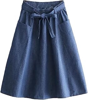 [SpringSwalloow] [スプリングスワロー] レディース ファッション デニム ミディ ゆったり ゴム ウエスト フレア 台形 aライン リボン付き スカート